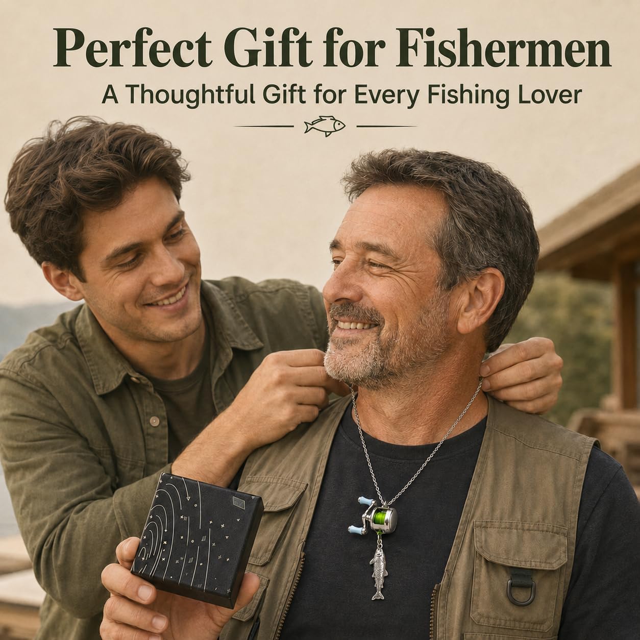 Fishing Reel Necklace for Men, 2 in 1 Pendant & Adjustable Ring Set | Fishing-Themed Jewelry, Gift Box Included, Unique Gift for Fishing Lovers