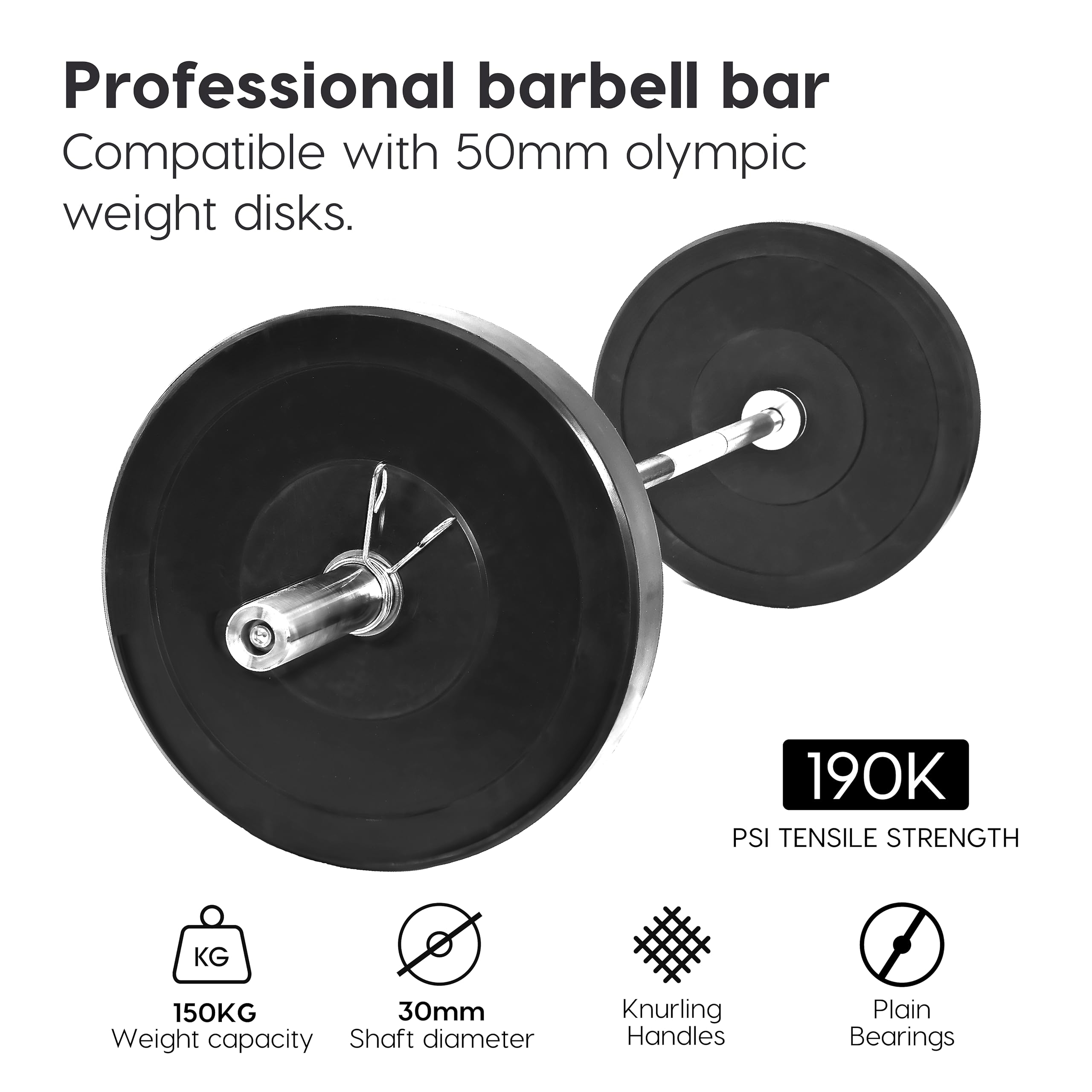 wuuhoo® Barre d'Haltère longue Herkules – 220cm Barre de Musculation, Compatible avec les plaques olympiques 50mm, Acier chromé, Ø 30mm Poignées moletées – Équipement de Gym à Domicile