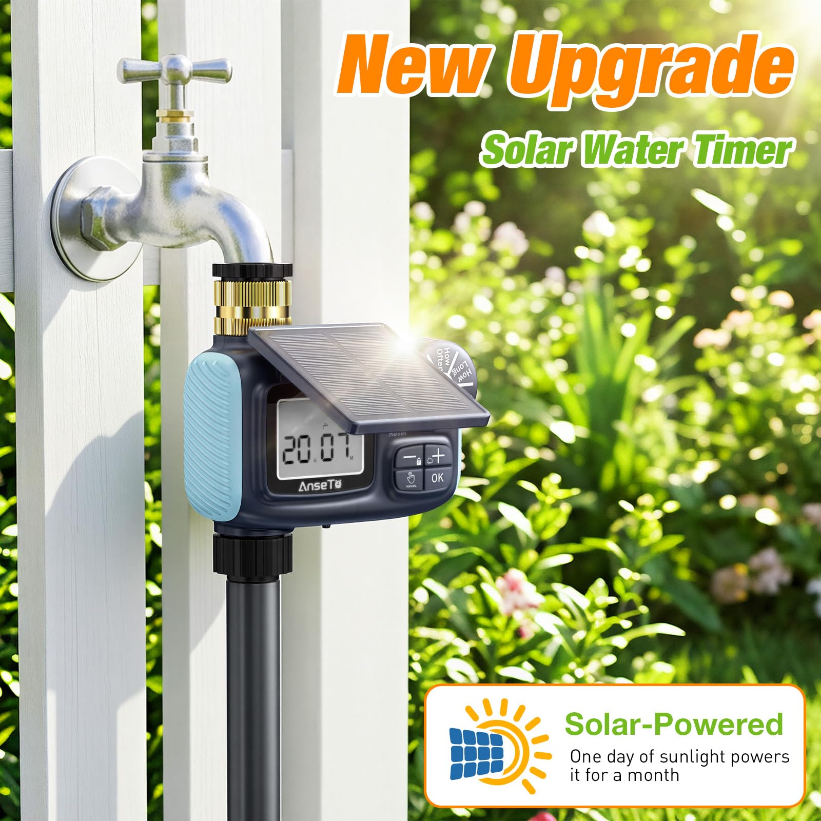 Programmateur Arrosage Automatique Solaire, Système D'irrigation Automatique, Charge par Câble USB-C et Panneaux Solaires, Ecran LCD Ultra Clair,Contrôle de I'irrigation pour Jardin et Pelouse