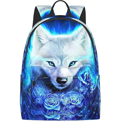 FeHuew 16 inch backpack Fantasy Blue Roses Wolf Laptop Backpack Full Print School Bookbag Shoulder Bag for Travel Daypack