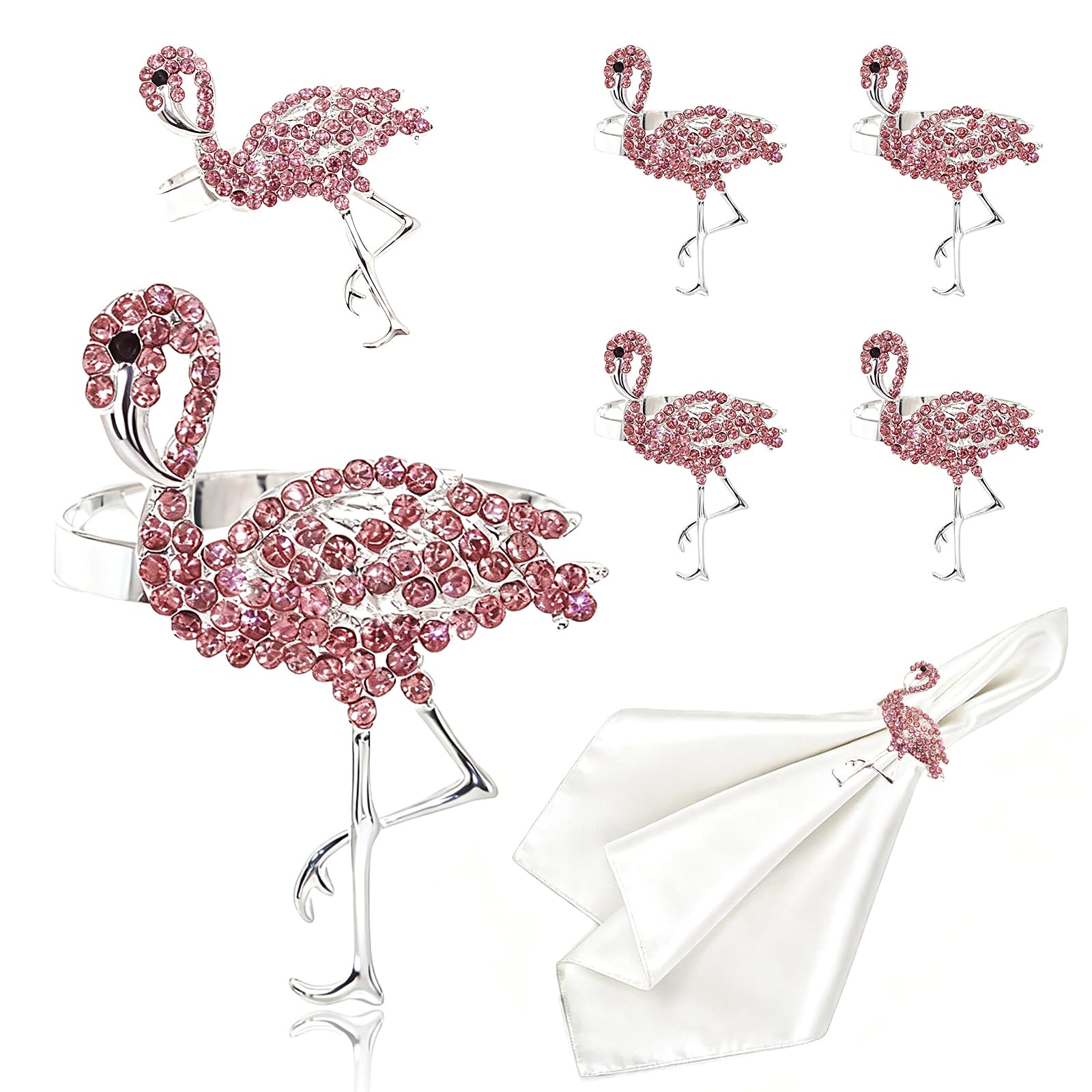 Davifina Silver Flamingo Napkin Rings set of 6 Pink Rhinestone Bird Napkin Ring Holder for Spring Picnic Holiday Gathering,Tropical Coastal Napkin