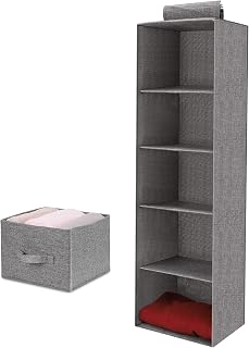Hanging Storage with 5 Shelves Wardrobe Closet Organiser, Hanging Storage Shelves with 1 Removable Drawers, Space-Saving & Foldable Hanging Wardrobe Storage for Bedroom or Garment Rack, Grey