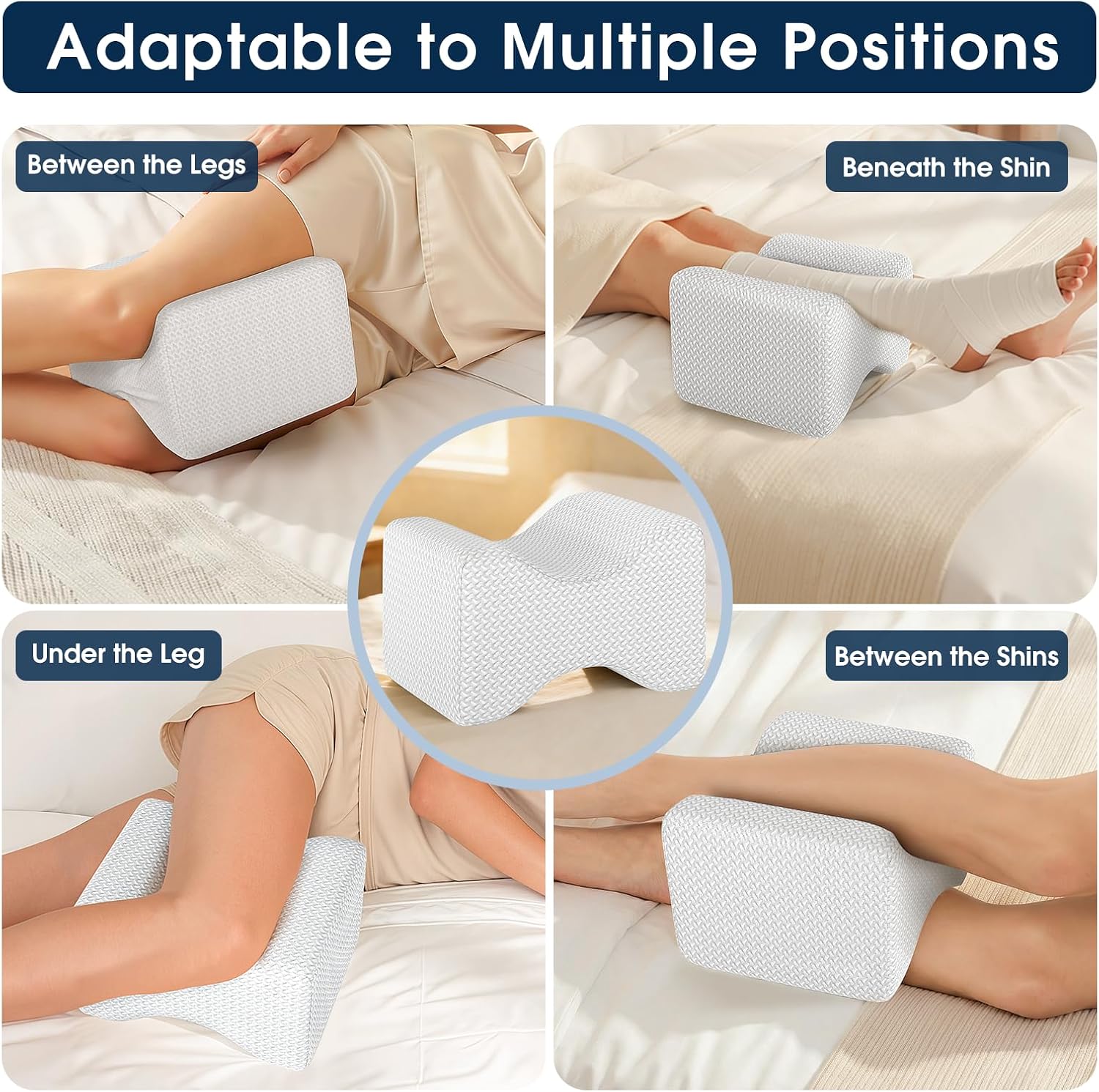 BlissTrends Memory Foam Knee Pillow, Knee Pillow for Side Sleepers, Leg Pillows for Sleeping Blood Circulation, Elevation Pillow for Spine Aligning, Sciatica, Back, Hip, Knee, Ankle Pain, White