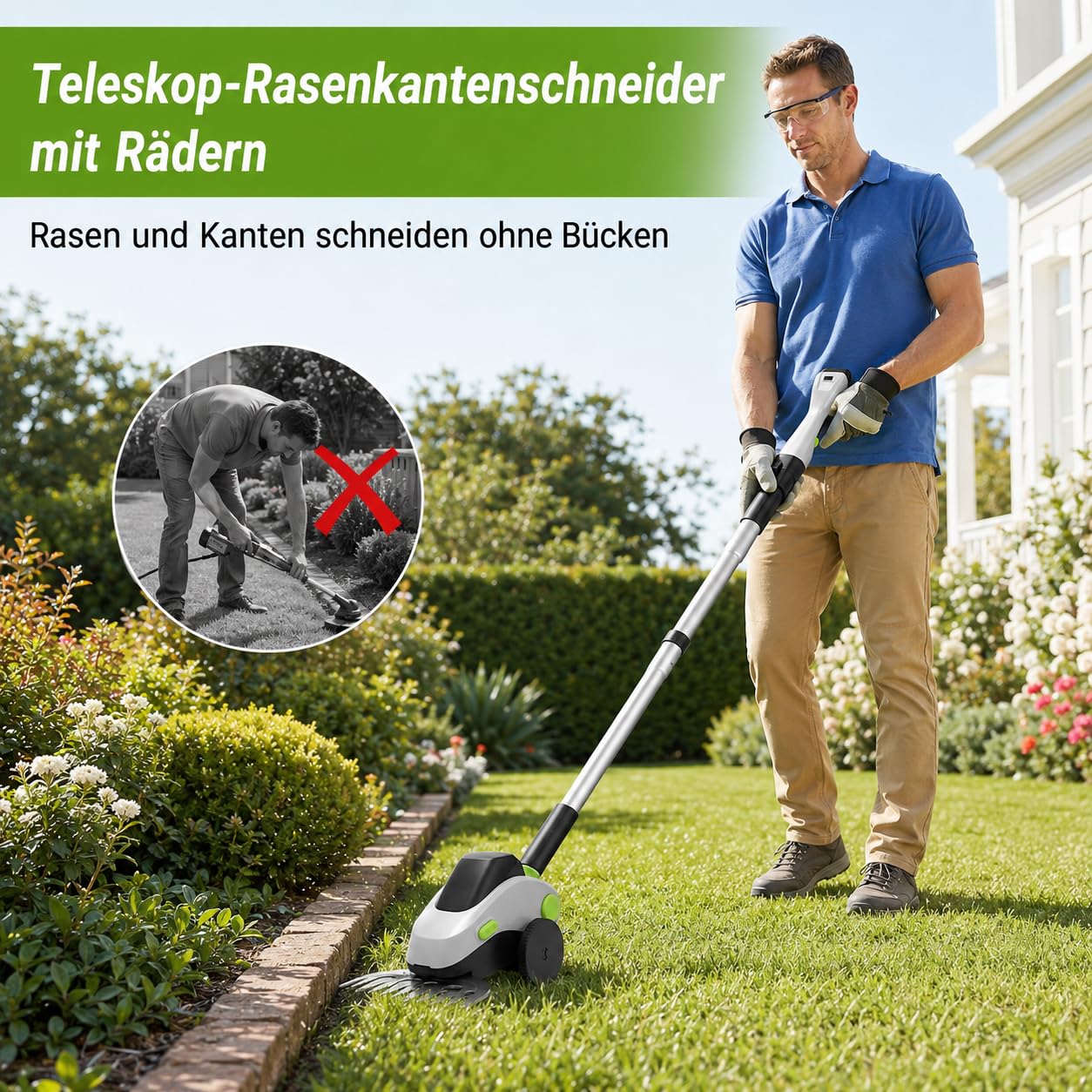 Teleskop Heckenschere Akku mit Rollen, 4-in-1 Elektro-Teleskop-Astschere & Grasschere mit Leistungsdisplay und 2x21V Akkus, Aluminiumlegierung, 110° Verstellbarer Kopf, Max 1,73m