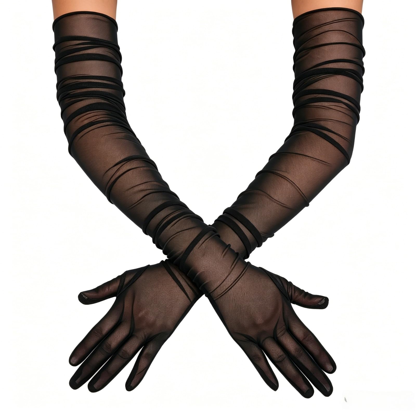 EELULYZ Women's Long Stretchy Mesh Tulle Sheer Gloves for Wedding, Opera, Halloween, 1920's Dance Costume Party (Black)
