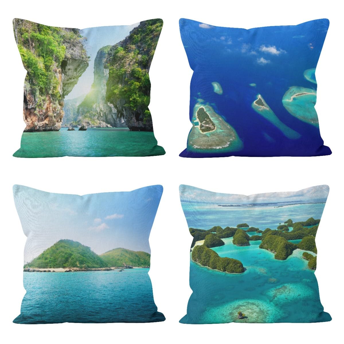Housse de coussin lin CEVAN 50x50 cm lot de 4 taies d'oreiller imprimées décoration lac montagne