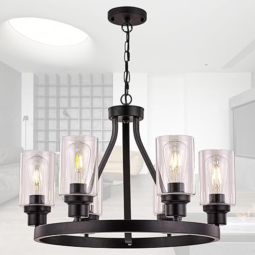 Lámpara de araña para comedor, estilo granja, color negro, 6 luces, isla de cocina, iluminación de techo con pantalla de vidrio para sala de estar,