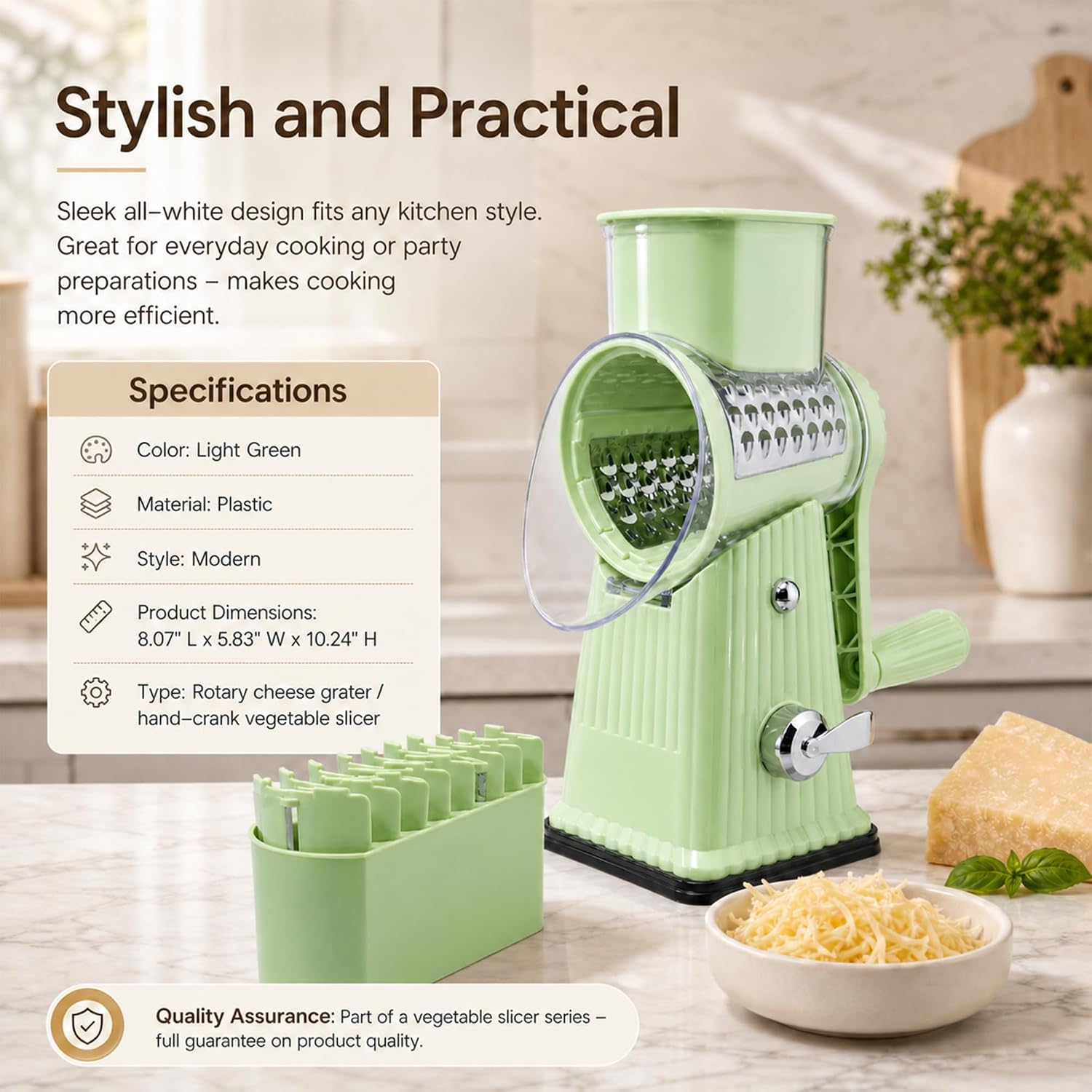 JA&MIU Rotary Cheese Grater with Handle, 5 Well-designed Blades & Strong Suction Base, Round Mandoline Slicer with Blade Storage Box & Kitchen Mandoline Vegetable Slicer (Retro Green)