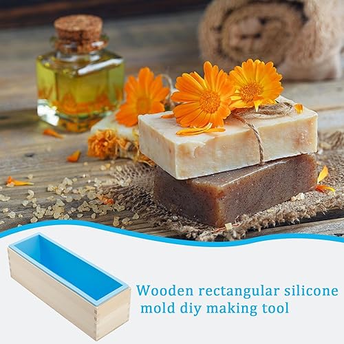 Miniatura 4 de Molde de silicona flexible para jabón, molde rectangular para tostadas con caja de madera para hacer pasteles de jabón, 42.33 oz (morado + azul)
