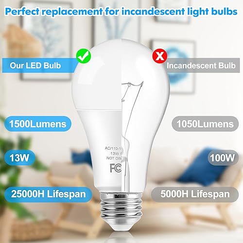 Miniatura 4 de Bombillas LED, bombillas LED A19 equivalentes a 100 W, 13 W, 5000 K, luz blanca diurna, 1500 lúmenes, no regulables, brillantes, E26, Edison,