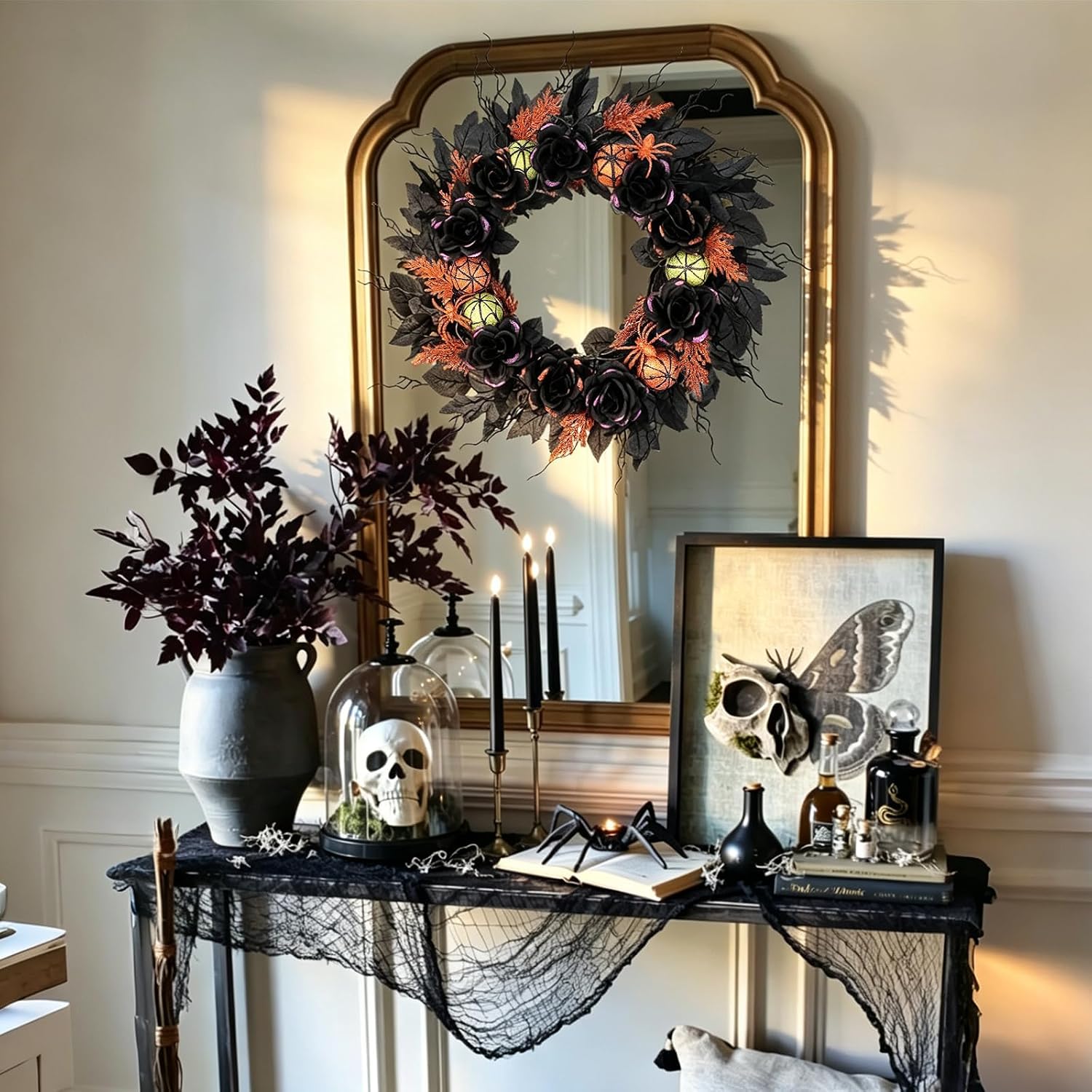 22 Inches Pre-Lit Light Up Halloween Wreath for Front Door, 60 LED Lights