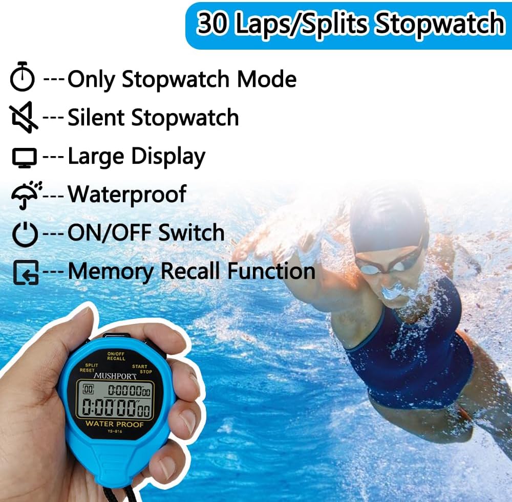 Waterproof Stopwatch Timer 30 Laps/Splits Only Stopwatch Mode, ON/Off Silent Memory Recall Large Display Simple Operation, Digital Stop Watch for Sports Coaches, Blue