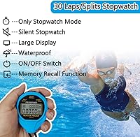 Vista 2 de Cronómetro impermeable con temporizador de 30 vueltas/divisiones solo modo cronómetro, encendido/apagado y recuperación de memoria silenciosa