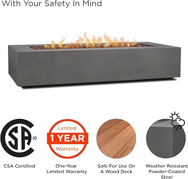 Real Flame Aegean 70in Rectangle Propane or Natural Gas Fire Pit Table, 65,000 BTU, Powder-Coated Steel, Push-Button Ignition, Lava Rock, Storage Cover, Stainless Steel Burner - Weathered Slate