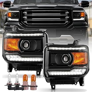 Headlights with LED DRL & Bulbs compatible with 2014 2015 2016 2017 2018 GMC Sierra 1500, 15-19 Sierra 2500HD 3500HD Head lights Headlamp Assembly L+ R, OE# GM2503394 GM2502394 GM2503390 GM2502390
