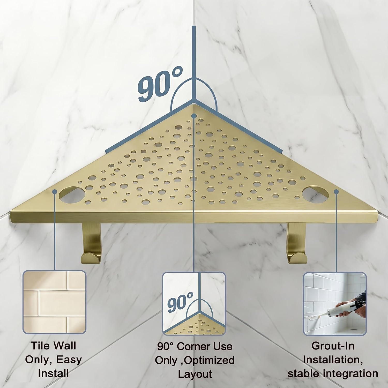 HIDROP 2 Pack Corner Shower Shelves with 4 Hooks & 4 Razor Holes, 10" Stainless Steel Bathroom Corner Shelf, Embed into Tile Gap Shower Corner Shelf for Tile Walls (Brushed Gold)