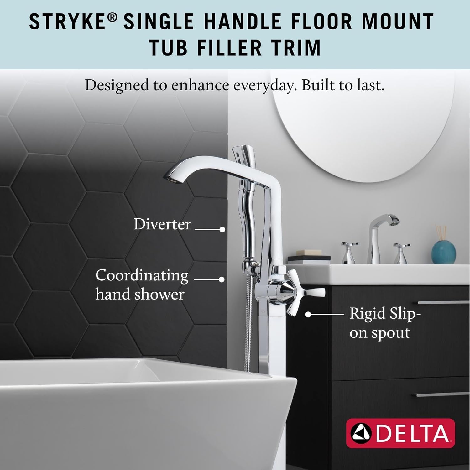 Delta Stryke Freestanding Tub Faucet with Hand Held Shower, Matte Black Floor Mount Tub Filler, Matte Black T47766-BLFL (Valve Not Included)