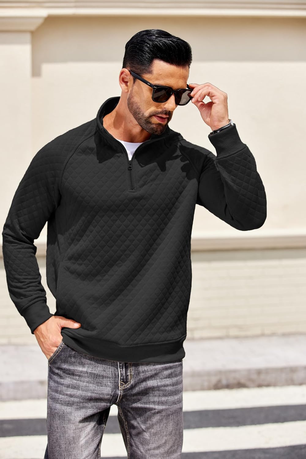 COOFANDY Mens Quarter Zip Pullover Quilted Sweatshirt Knit Long Sleeve Sweater Half Zip Polo Sweatshirts with Pocket - Image 3