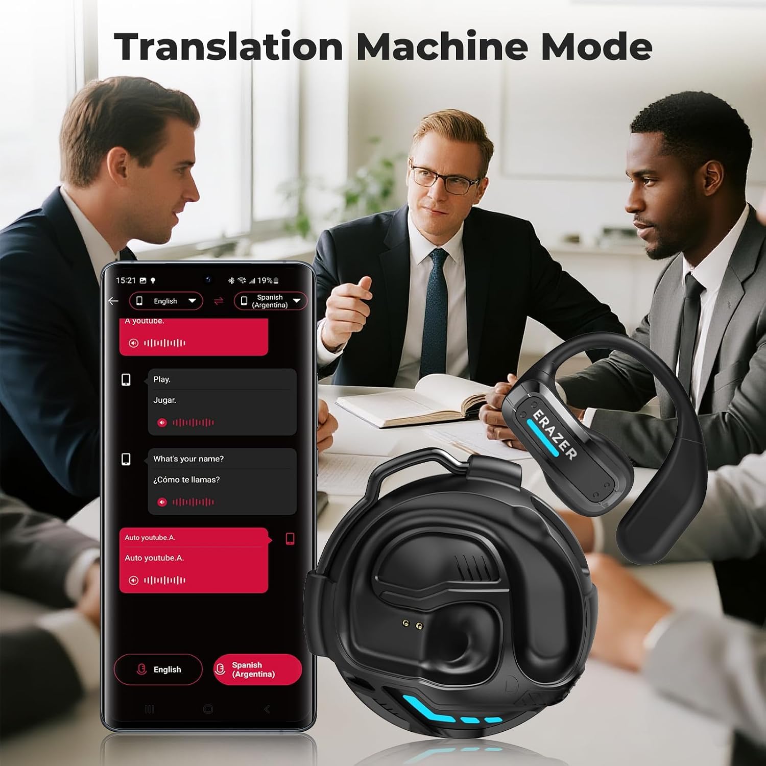 ERAZER X8 - Auriculares traductores en tiempo real con IA para traducción de idiomas en 165 idiomas, dispositivo de traducción bidireccional para iOS y Android, viajes, negocios y aprendizaje