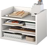 Ballucci Organisateur de fichiers, 4-Tier Organisateur de bureau, ouvert Haut organisateur de papier de bois pour la salle de classe, trieur de courrier de bureau Plateau de papier, blanc