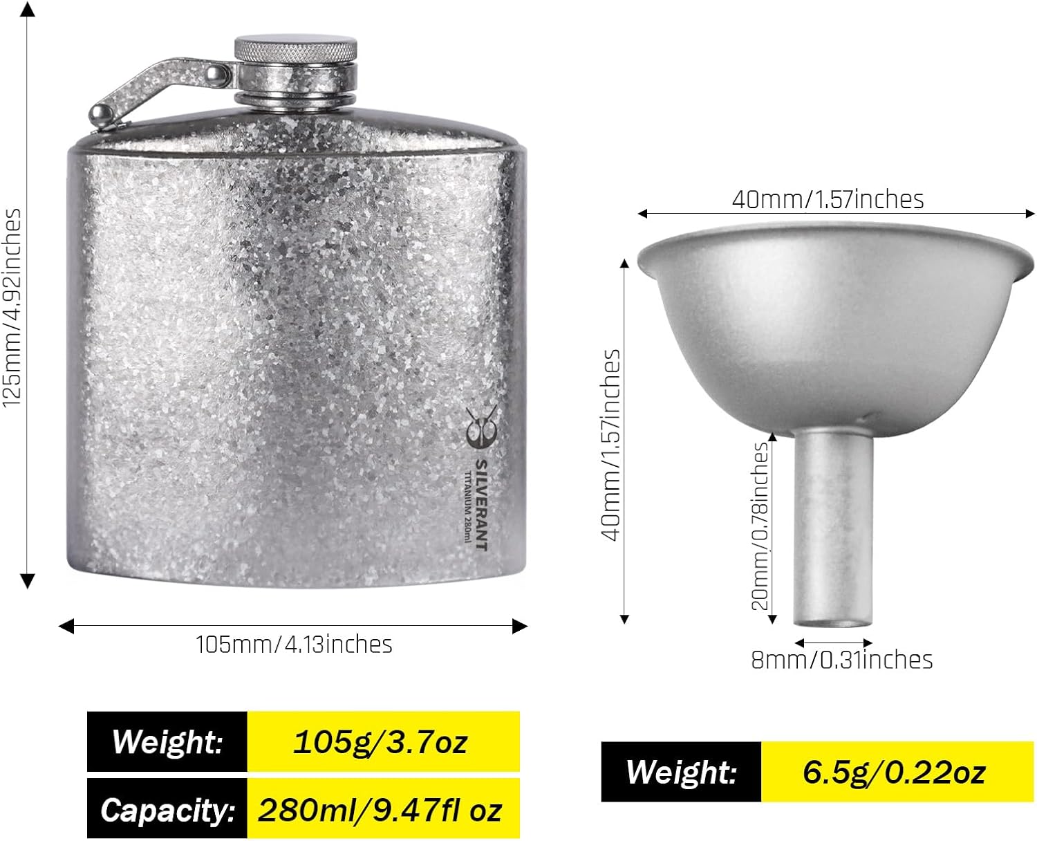 SILVERANT Titanium Hip Flask Canteen, Portable Wine Bottle with Funnel & Screw Cap Clip for Camping, Hiking, Backpacking, Travel, Outdoor Bushcraft- Crystallized