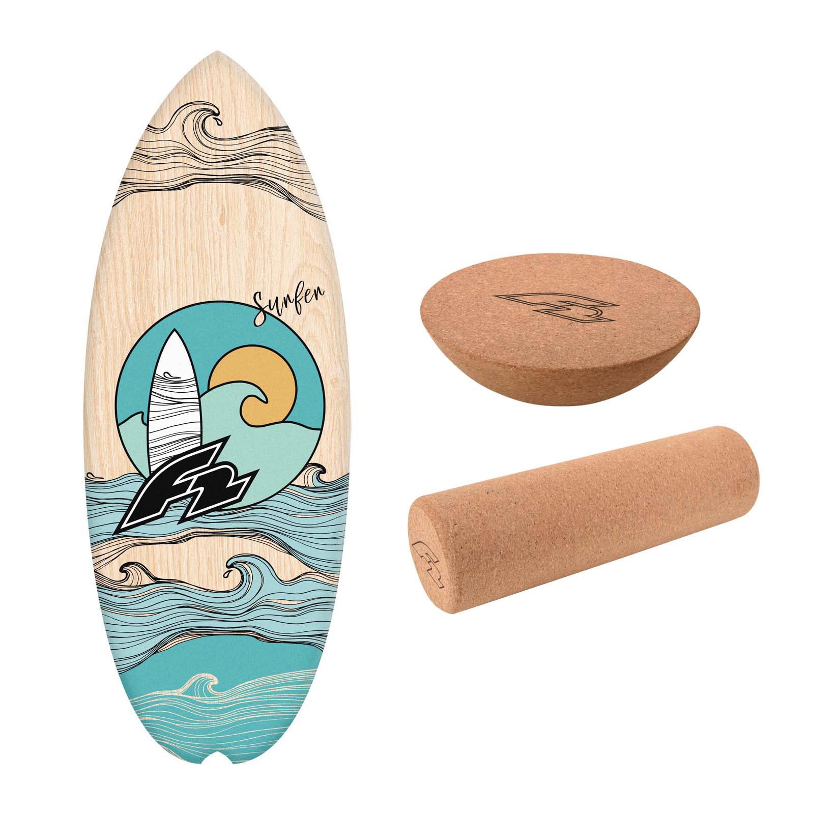 F2 Balance-Set: Halbschale-Balanceboard (80 × 30 cm) mit Halbkugel und Korkrolle