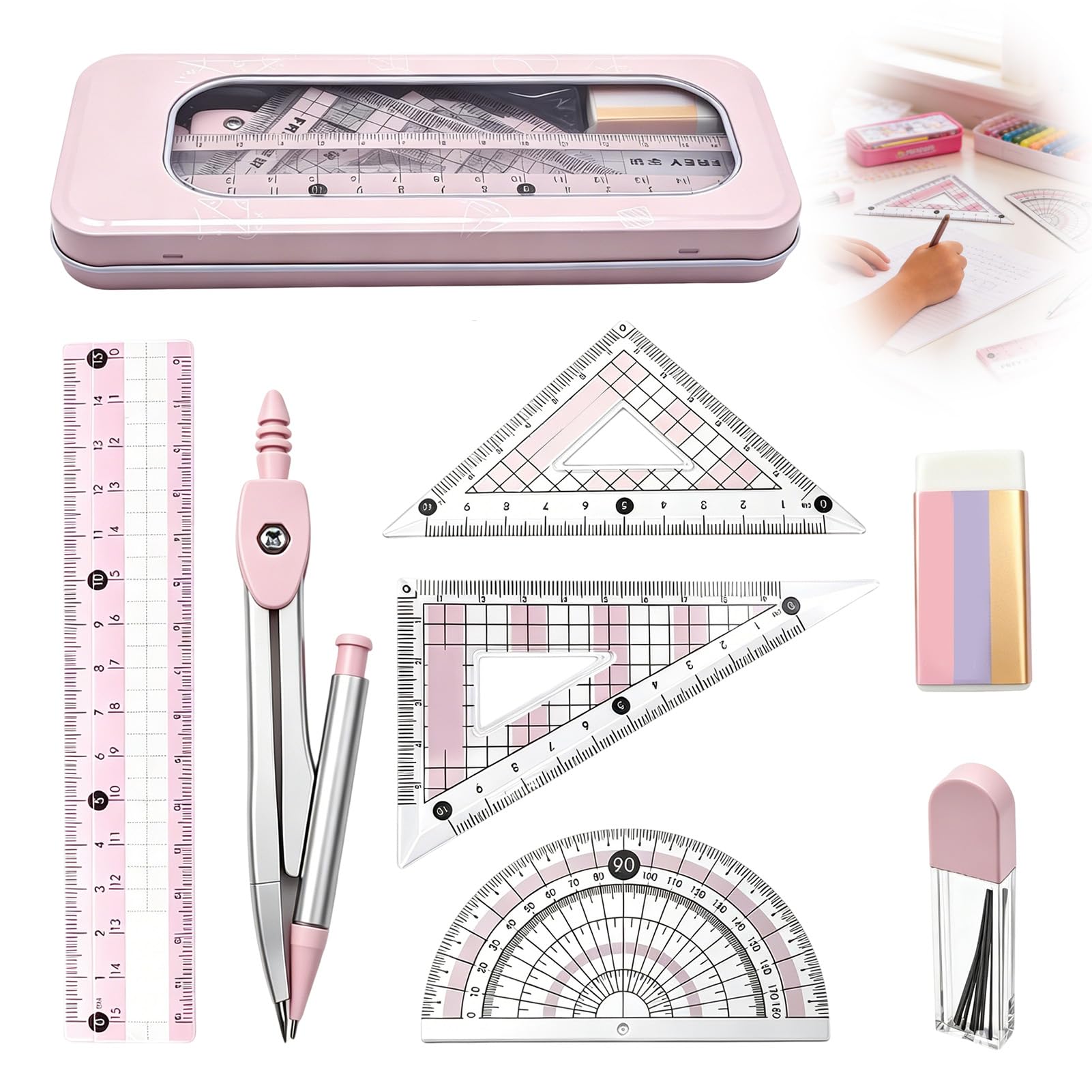 Pink Maths Set for Secondary School, Geometry Set with Protractor and Compass, Ruler, Eraser, Exam Stationery Supplies for Students