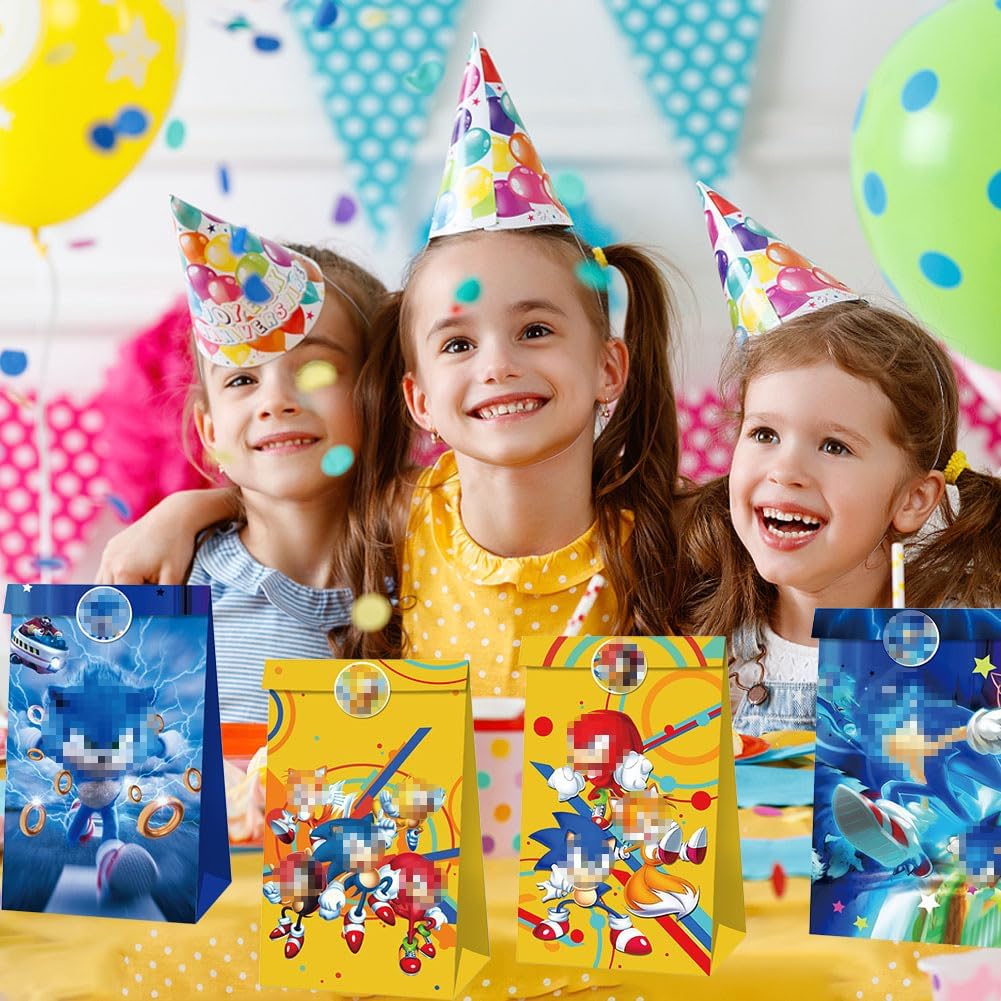 12 Geschenktüten + 18 Aufkleber Für Kindergeburtstag | Cartoon-Motive | 22x12x8 Cm Kraftpapier | Süßigkeiten-Verpackung
