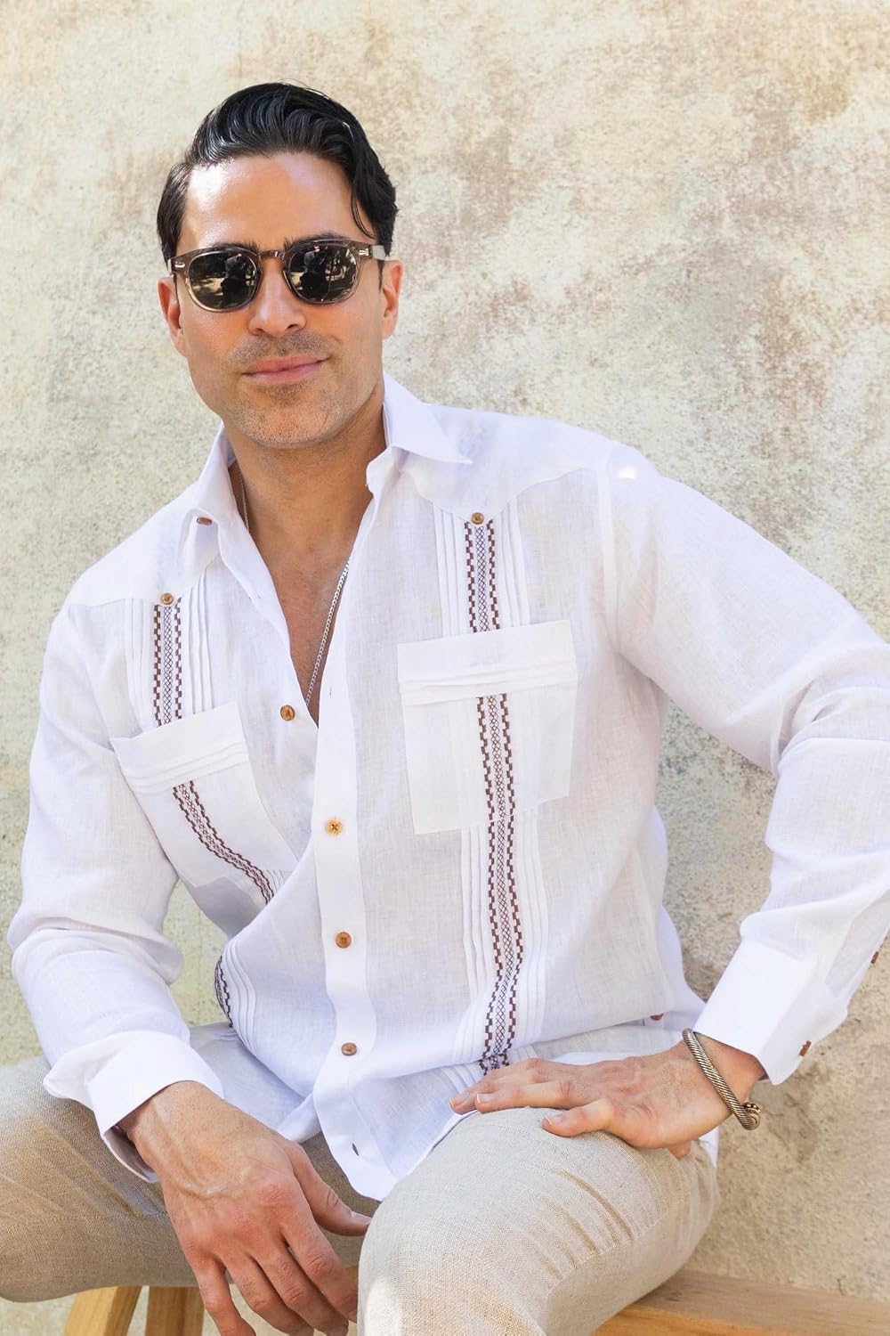 Mojito Collection Men's 100% Linen Guayabera Shirt Long Sleeve with Embroidered Trim
