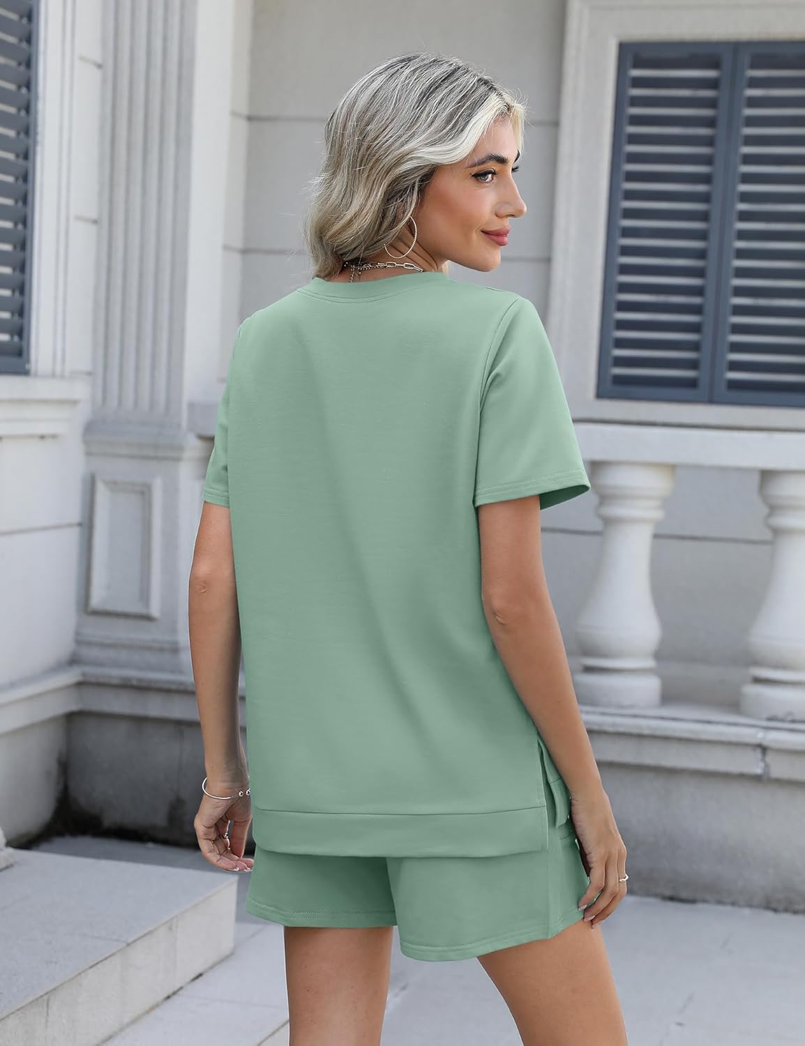 AKEWEI Womens Two Piece Outfits Summer Lounge Sets Tracksuit V Neck Buttons Down Tops and Shorts Set with Pockets - Image 4