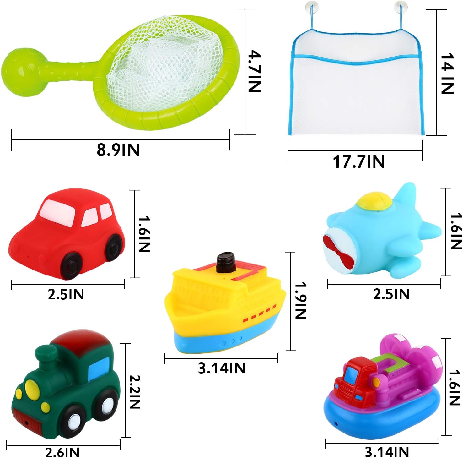 Bath Toy Light up&Spray Water Rubber Floating Set With Fishing Net and Organizer Bag(7 Pack) Boat Catching Game For Kids Babies And Toddlers Bathtub Time Best Gift For Boys Girl Child Pool Party