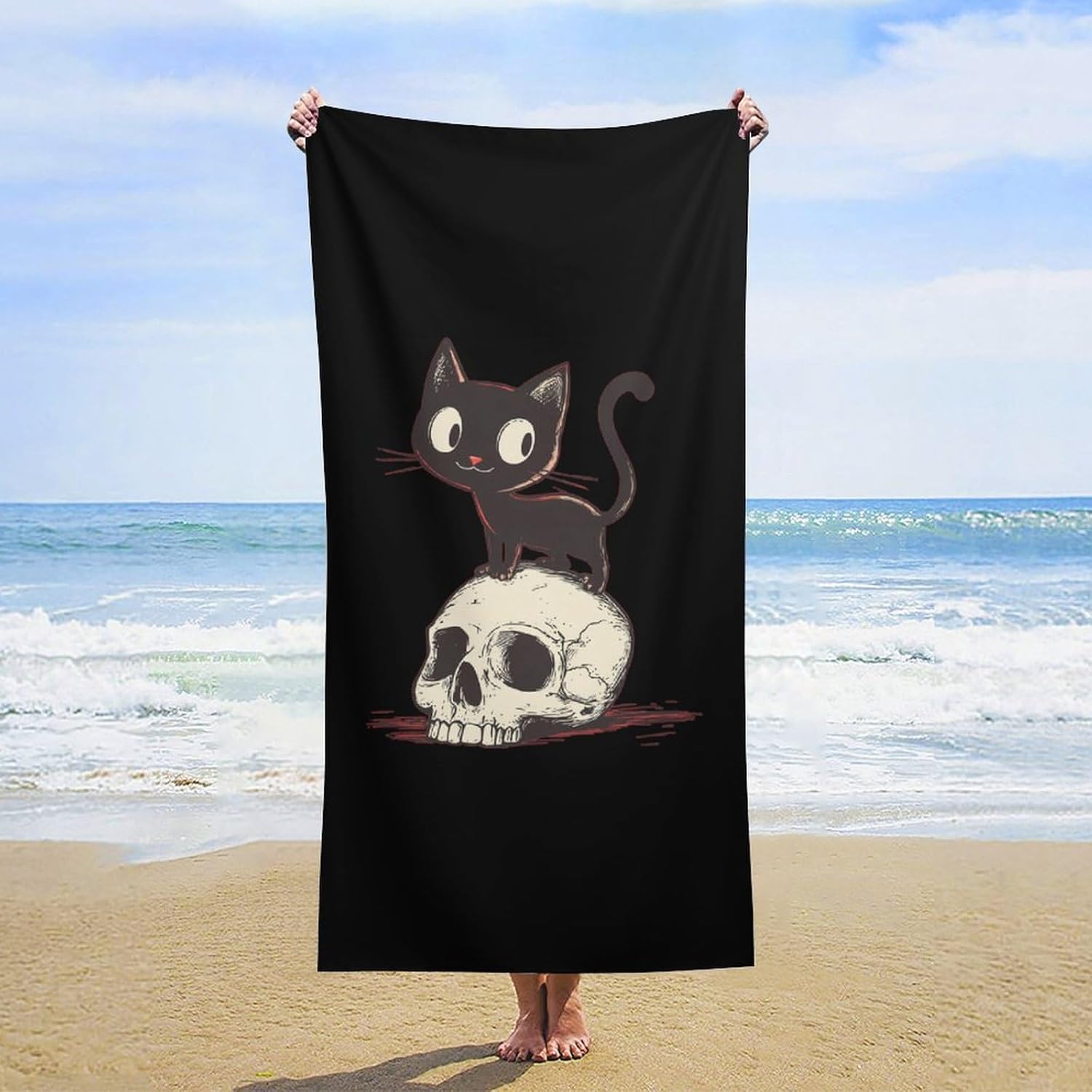 Halloween Black Cat Skull Head Beach Towels Oversized Jumbo Large Yoga Bath Towel for Pool Yoga Swim Body 160x80cm