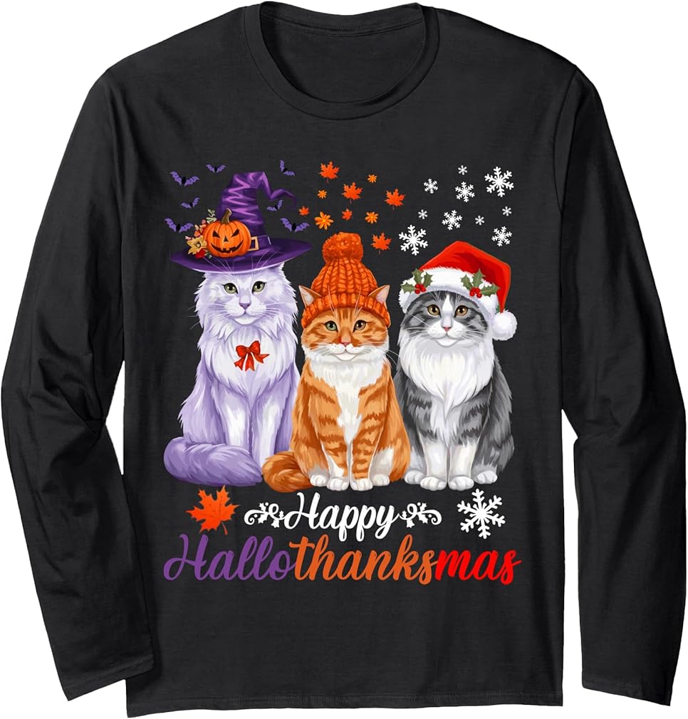 Happy HalloThanksMas Cats Halloween Thanksgiving Christmas Long Sleeve T-Shirt