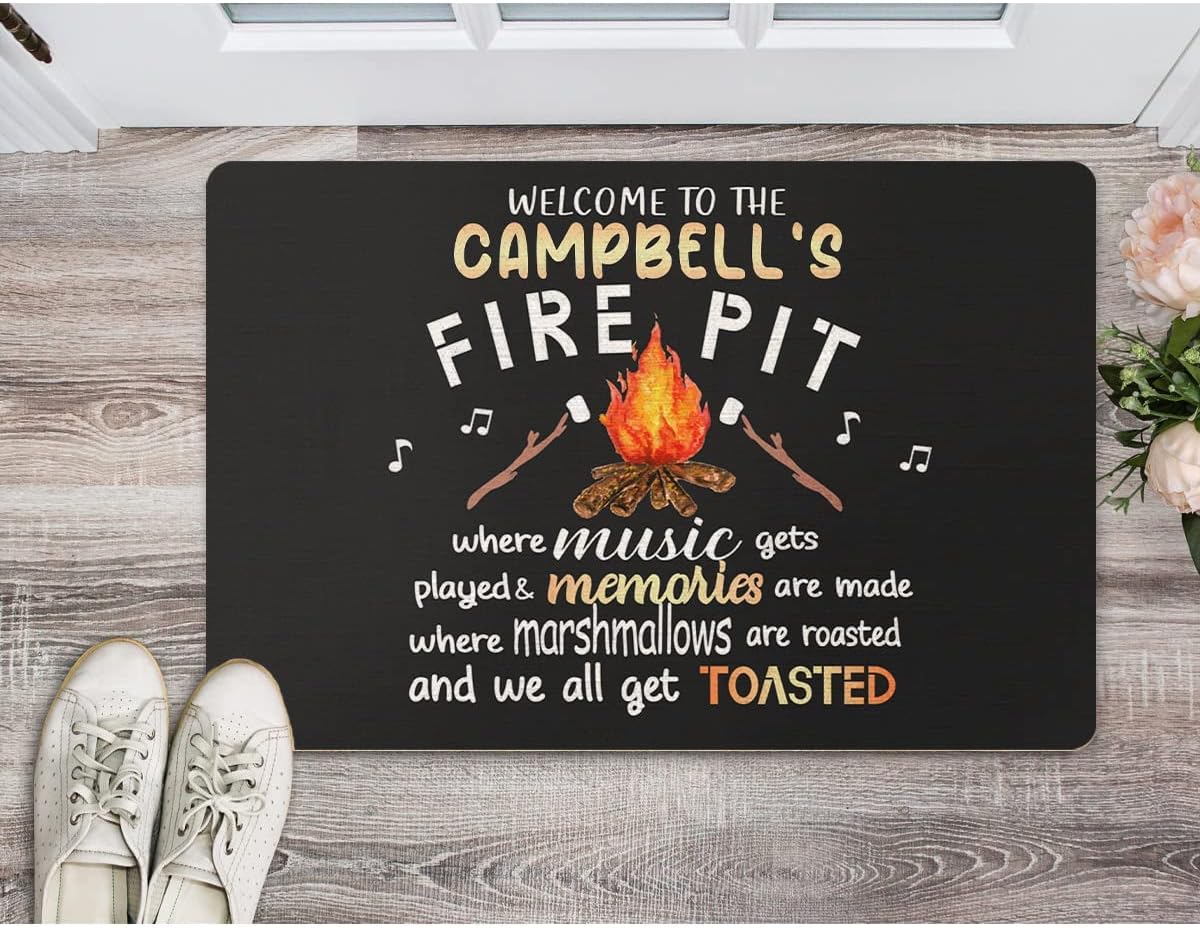 Personalized Camper Doormat 30" X 18" Welcome Fire Pit Custom Camping RV Door Mat Customized Last Name Vintage Background Door Floor Mat Indoor Outdoor Non Slip Doormat (Gray Fire Pit-30)