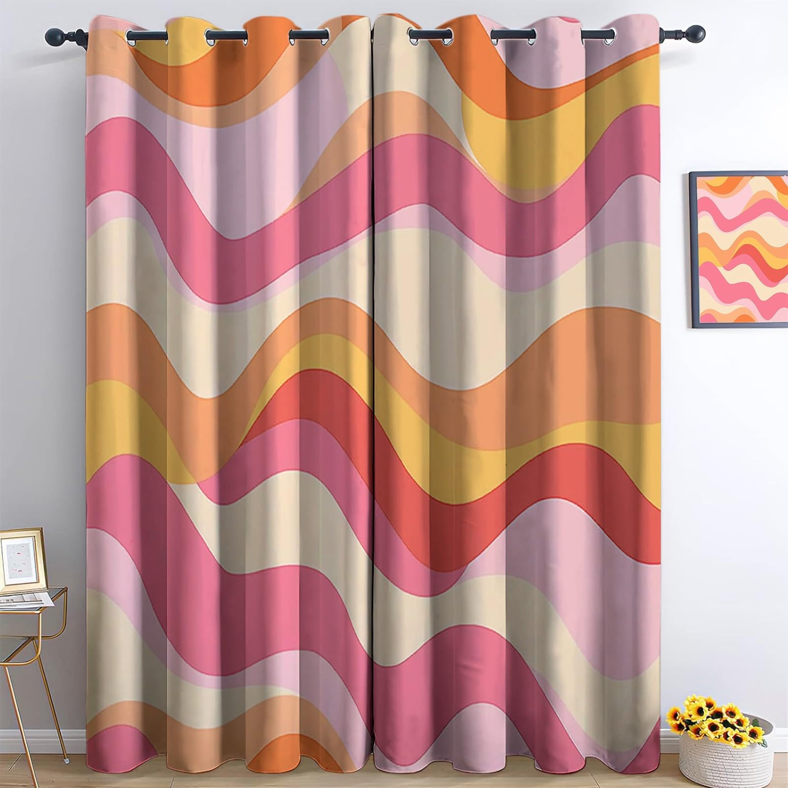 Rideaux Isolants 110x215 cm 2 Panneaux Anti-Chaleur Opaque Design Tribal Rétro Abstrait Rose Orange