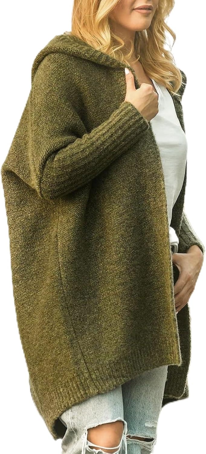 Knitted Hooded Sweater for Womens Casual Open Front Cardigan Winter Sweater Batwing Sleeve Long Sweater Coats