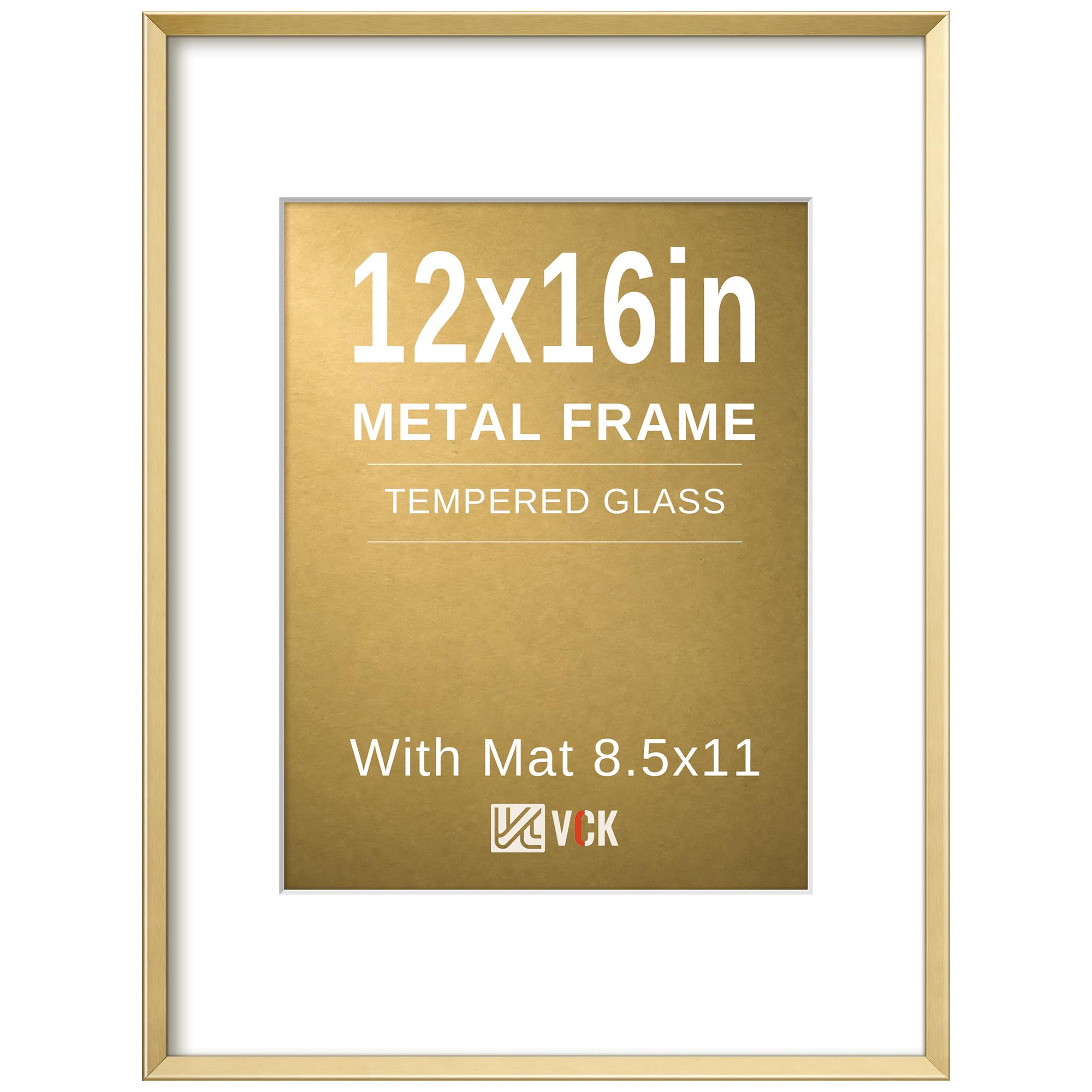 VCK 12x16 Gold Aluminum Picture Frame with Mat for 8.5x11 or Without Mat for 12x16, Metal Poster Frame Tempered Glass Wall Gallery Display 1 Pack