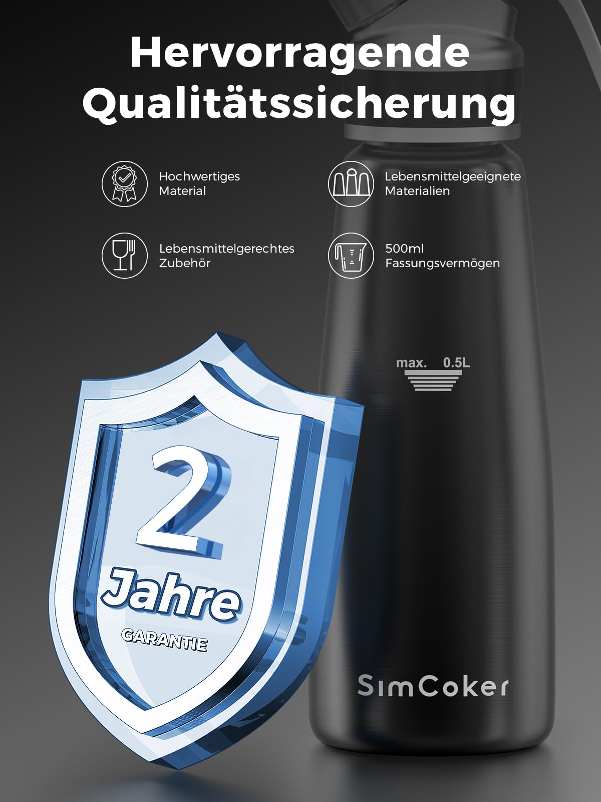 Professioneller Sahnespender aus Aluminium 500ml / 1 Pint, auslaufsicher für Desserts und Kaffee, 3 Dekorationsaufsätze, lebensmittelgeprüft, N2O Kapseln Nicht enthalten