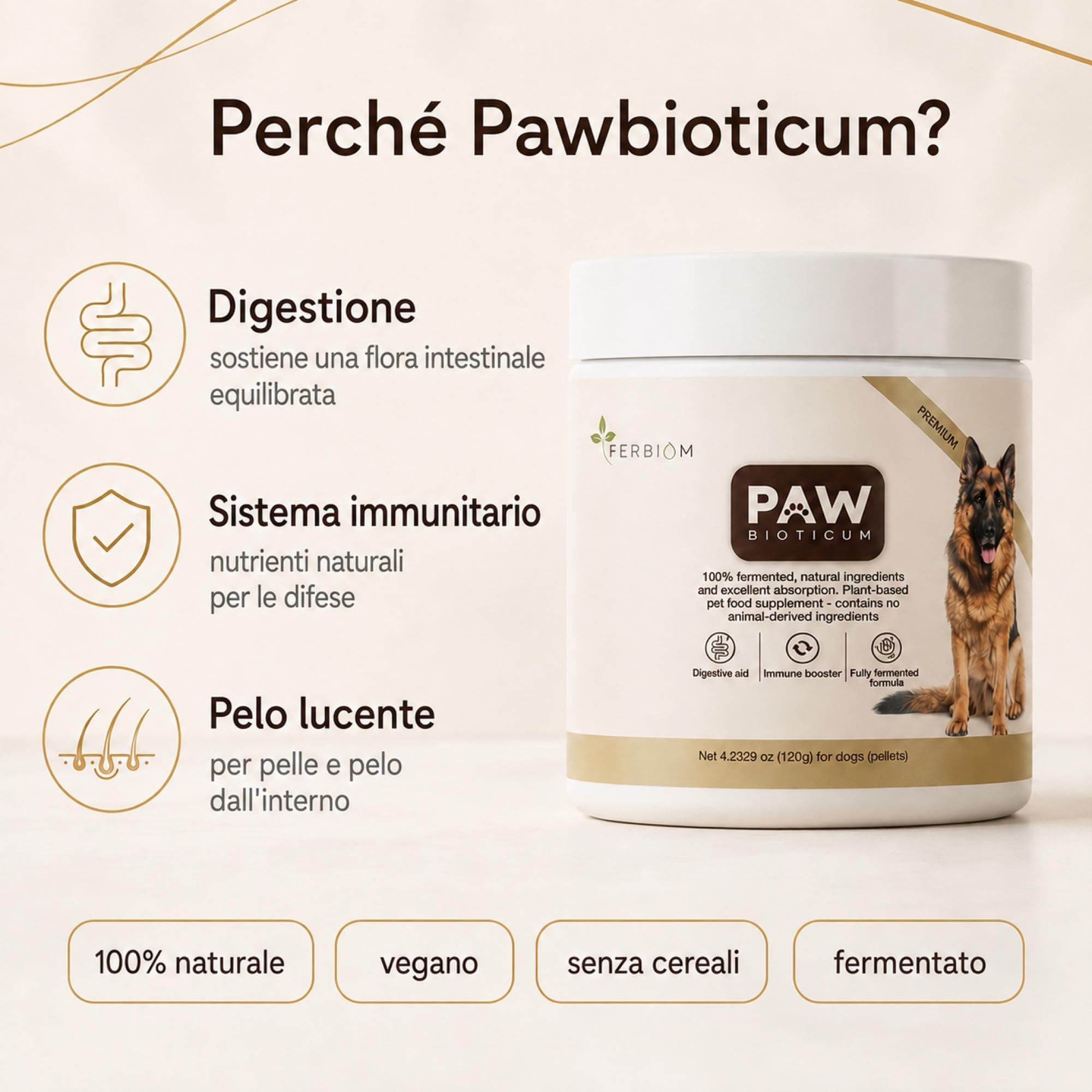 Pawbioticum Cane - Simbiotico Fermentato per la Flora Intestinale, Pellet, 120 g