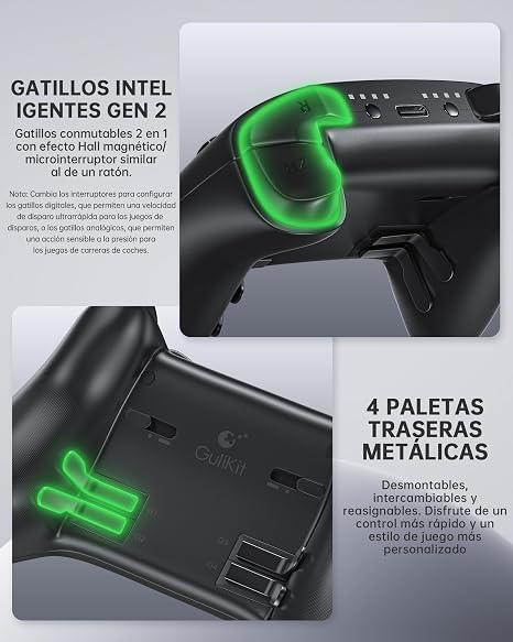 GuliKit TT Pro Wireless Controller for PC, Android, iOS, Switch 1/2, 720 Adjustable TMR Joystick, with 950mAh Long-Lasting Battery, Switch Wake-Up Function and 4 Detachable Metal Back Buttons-Black Green