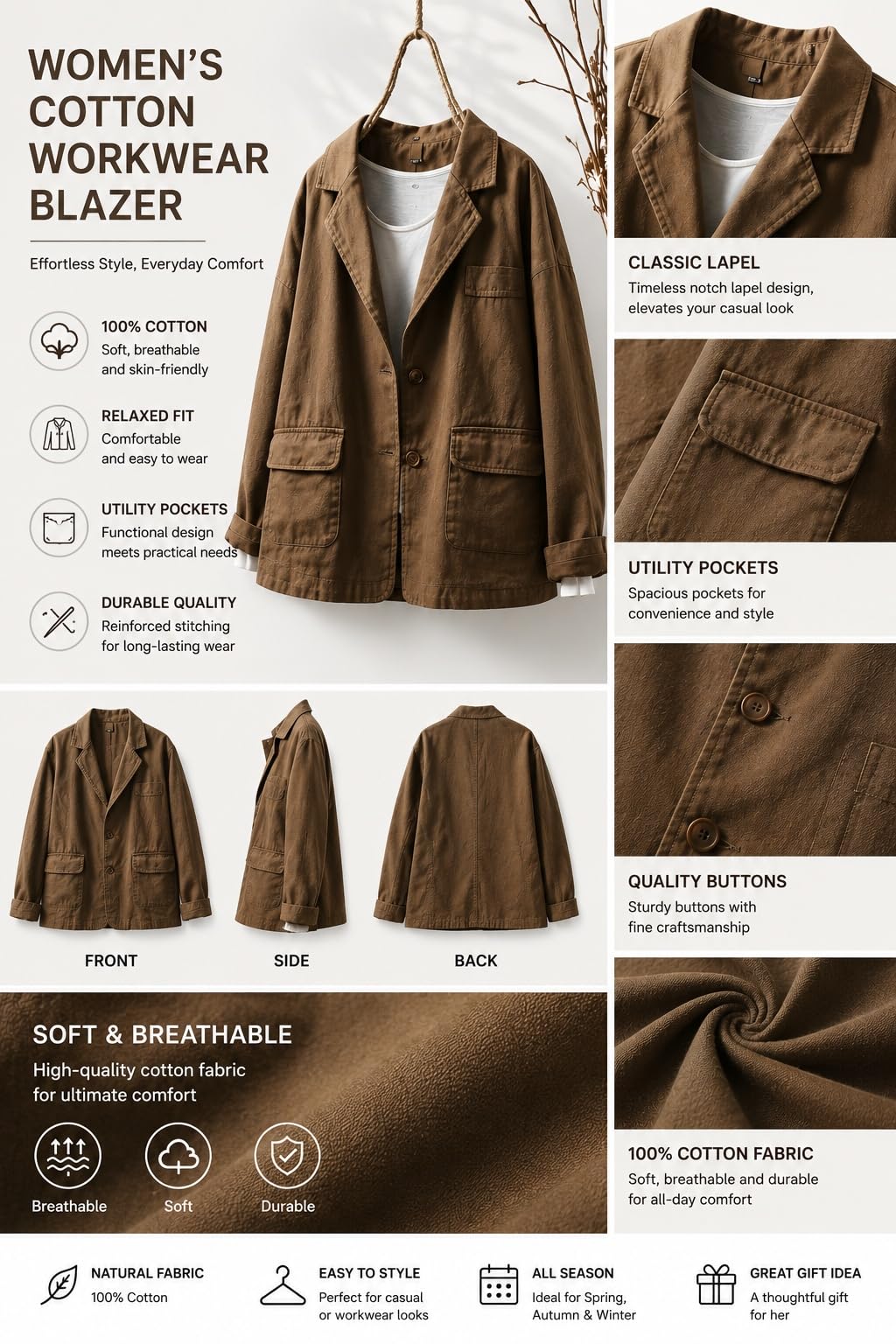 Veste Blazer Femme Blazer Oversize en Coton pour Femme Veste Utilitaire Décontractée À Col Cranté Et Boutons Style Militaire Rétro Parka en Toile avec De Multiples Poches pour Le Printemps Et L