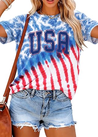 USA Shirt Women 4th of July Patriotic T-Shirt America Flag 250th Birthday Top Casual Tie Dye Graphic Tees