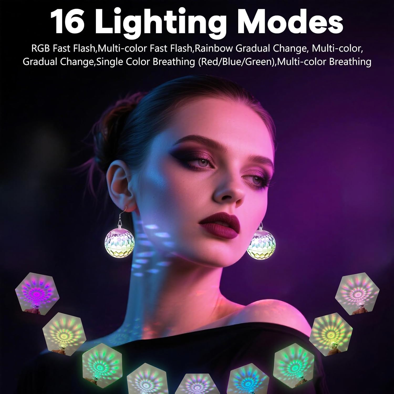 Disco Ball LED Earrings -16 Light Modes Rechargeable Lighting Up Earrings, 70s 80s Flashing Neon Drop Earring for Women, Glow in the Dark for Halloween Christmas Dance Rave Party Glowing up Gifts - Image 2