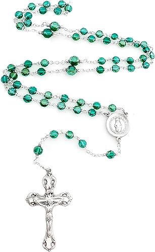 Elysian Gift Shop Rosario religioso de plata italiana con cuentas de cristal pulido de fuego de Praga de 0.236in y colgante de medalla milagrosa,