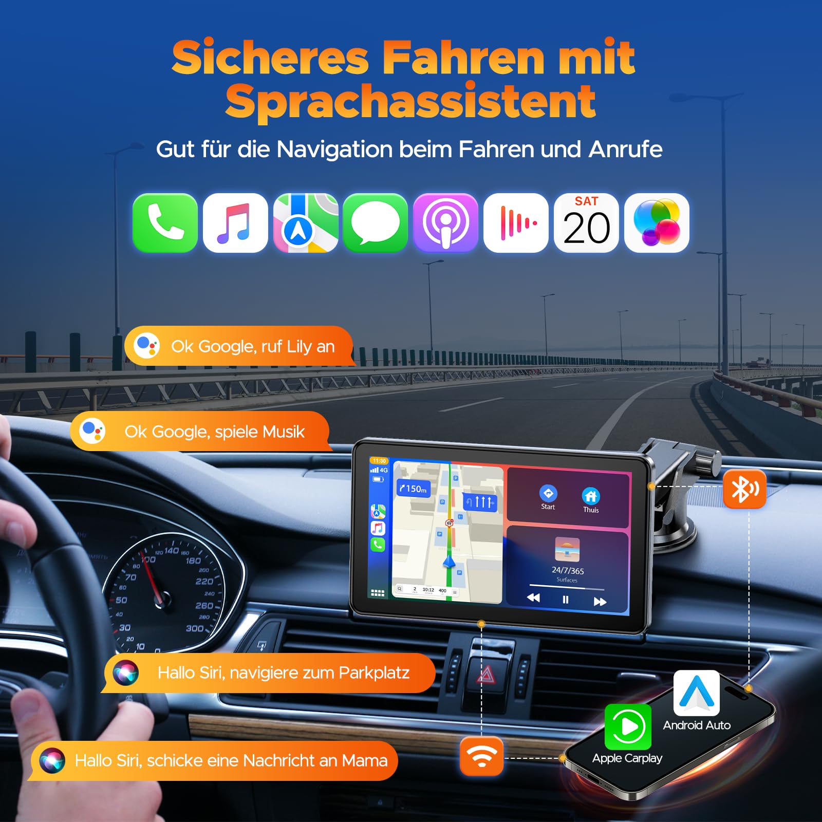 Volam Bezprzewodowy wyświetlacz samochodowy z systemem Android z 7-calowy ekran dotykowy, Mirror Link, nawigacja na żywo, Play Music, Siri, G00gle, asystent głosowy, Bluetooth,FM/Aux