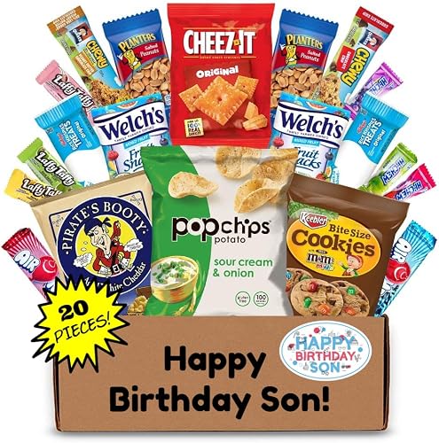 Hangry Kit Birthday Snack Box for Your Son - (20 count) Happy Birthday Gift Basket Care Package - Contains Birthday Snacks, Cookies, Chips, Candy. Party Variety Gift Box. (Son)