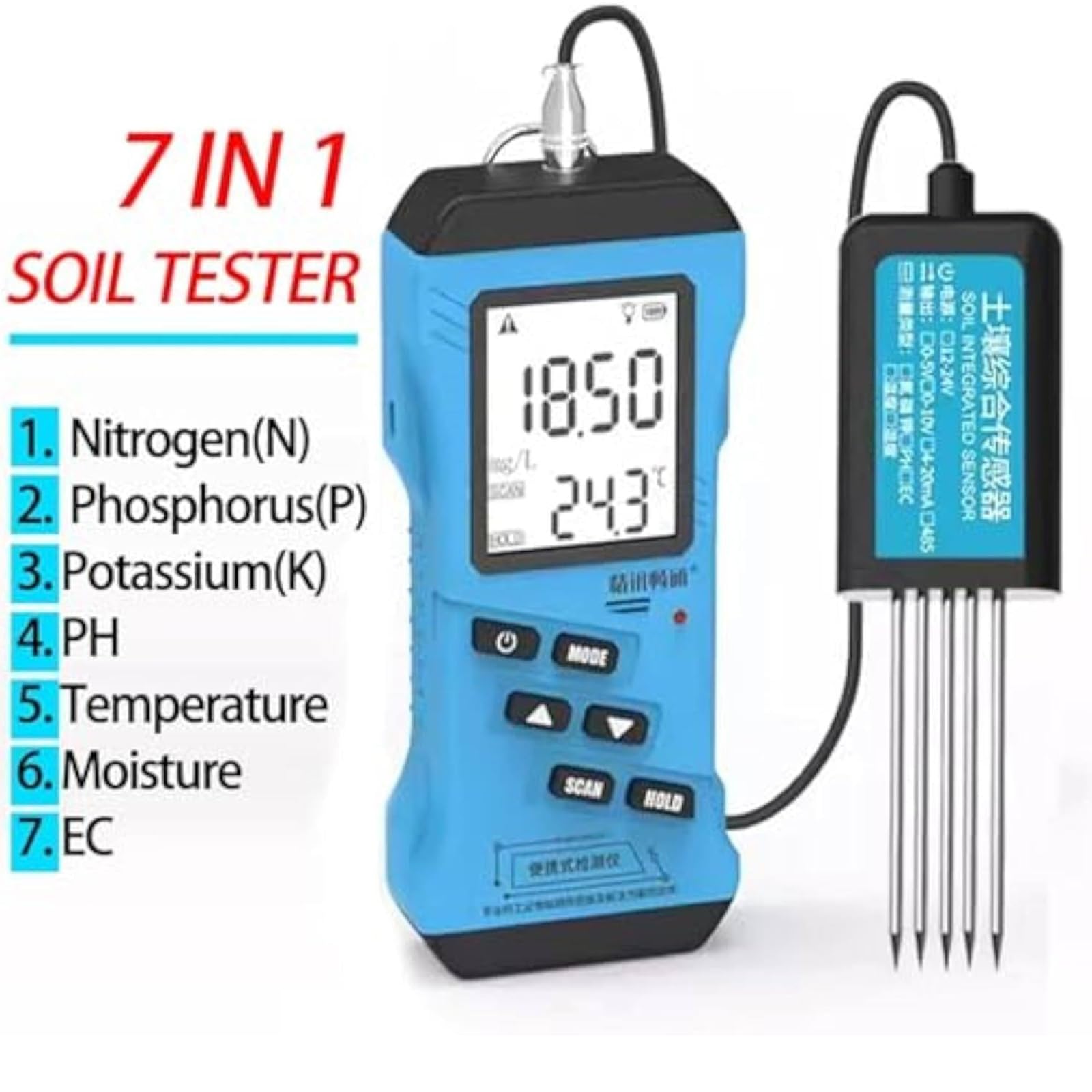 NPK Meter - Testeur de sol 7 en 1, mesure l'azote, le phosphore, le potassium, le pH, l'humidité, EC, haute précision pour tester la fertilité du sol dans les pelouses, les fermes, les jardins