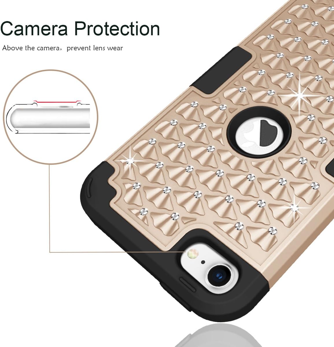 Hocase iPod Touch 7th/6th/5th Generation Case, Shockproof Heavy Duty Silicone Rubber+Hard Plastic Glitter Protective Case for iPod Model A2178, A1574, A1509, A1421 - Champagne Gold/Black