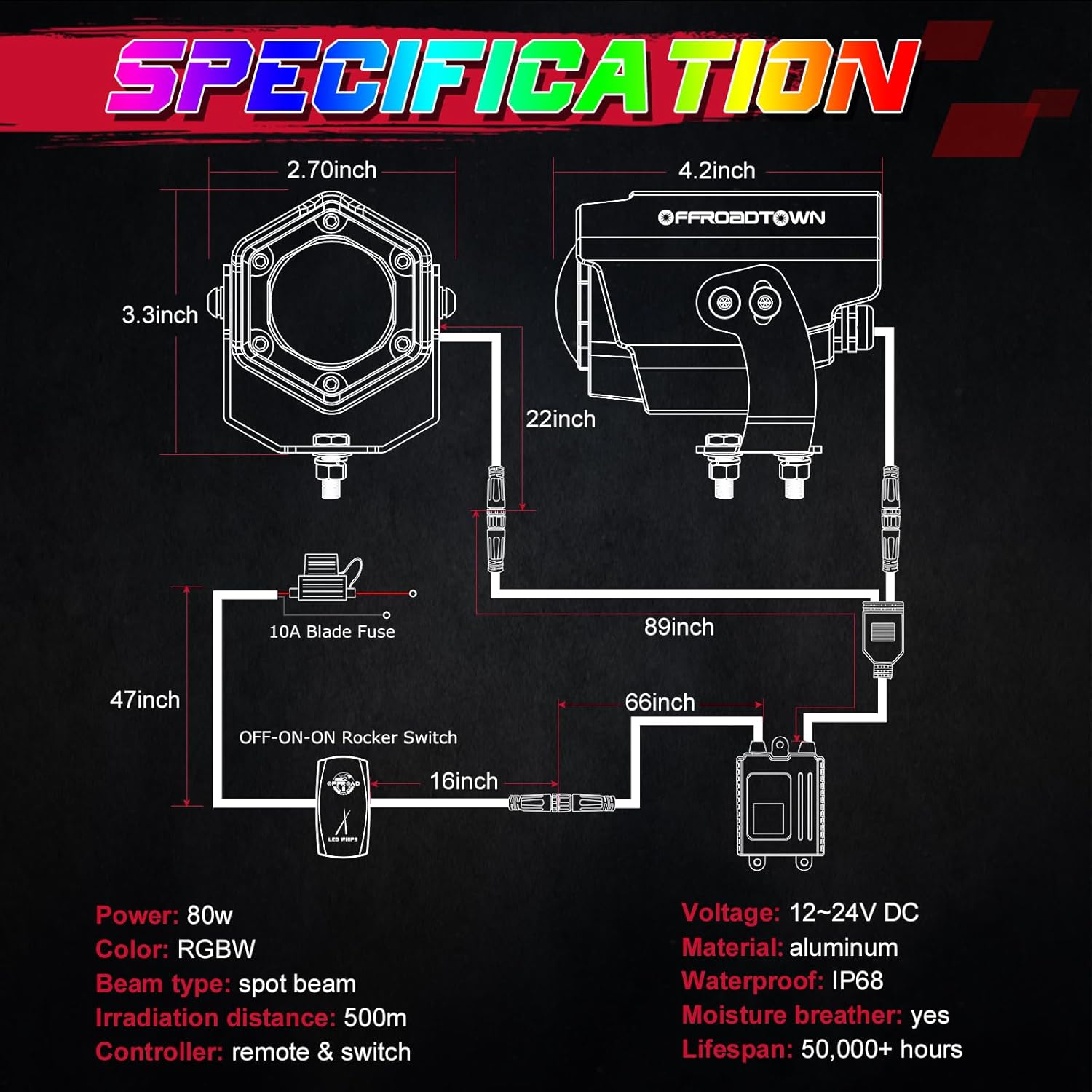 OFFROADTOWN Whipless LED Whip Light with Switch & Remote LED Pods RGBW Chase Light Antenna Whipless Whip for ATV UTV Motorcycles Can am Polaris Golf Cart Truck