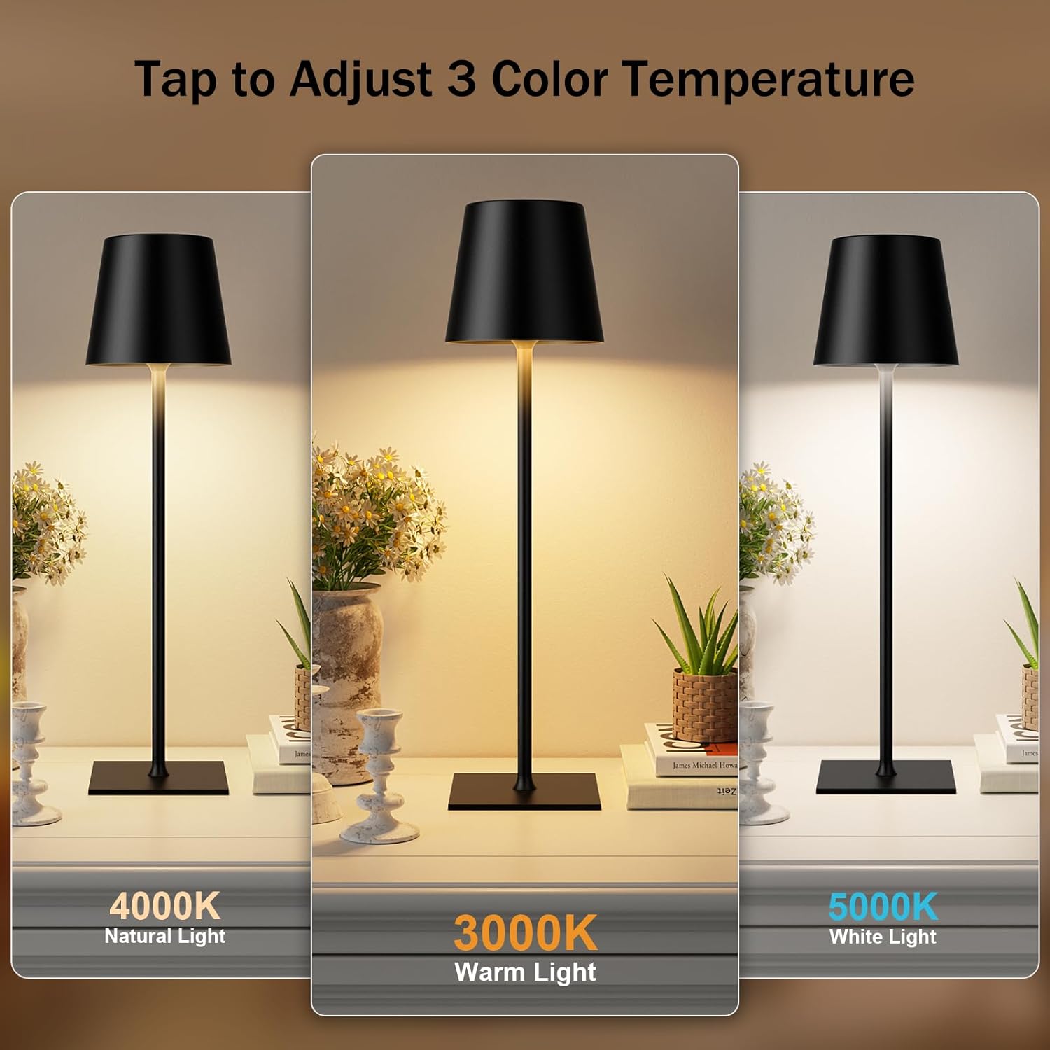 Black Cordless Rechargeable Table Lamp, 2 Pack Portable Desk Lamp with 5000mAh Battery, Touch Control Stepless Dimming, Wireless Night Light for Dining, Outdoor Camping, Coffee Shop, Waterproof Design